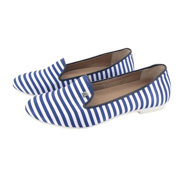 Arcopedico Womens Striped Flats Blue White Satin Slip-on Nautical Beachy Shoe 38 - Picture 1 of 16